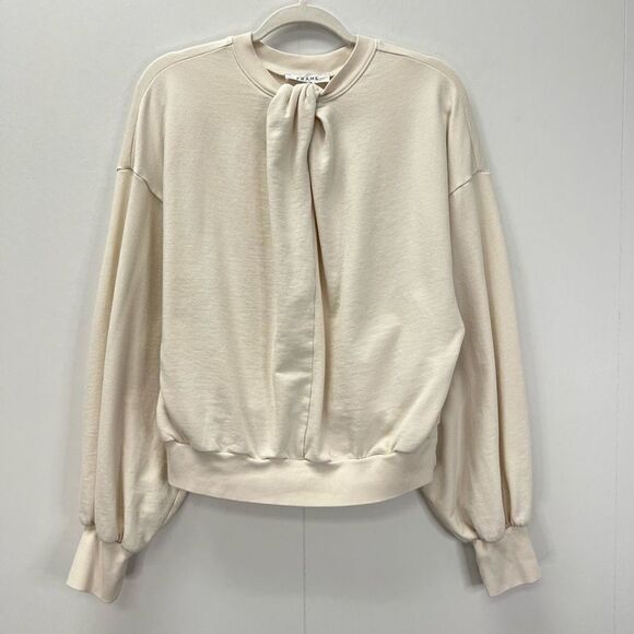 Frame Women’s Large Gathered French Terry Cotton Crewneck Sweater Ivory Bone - Picture 2 of 15